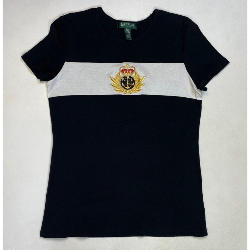 Navy and White Embroidered Women's Top